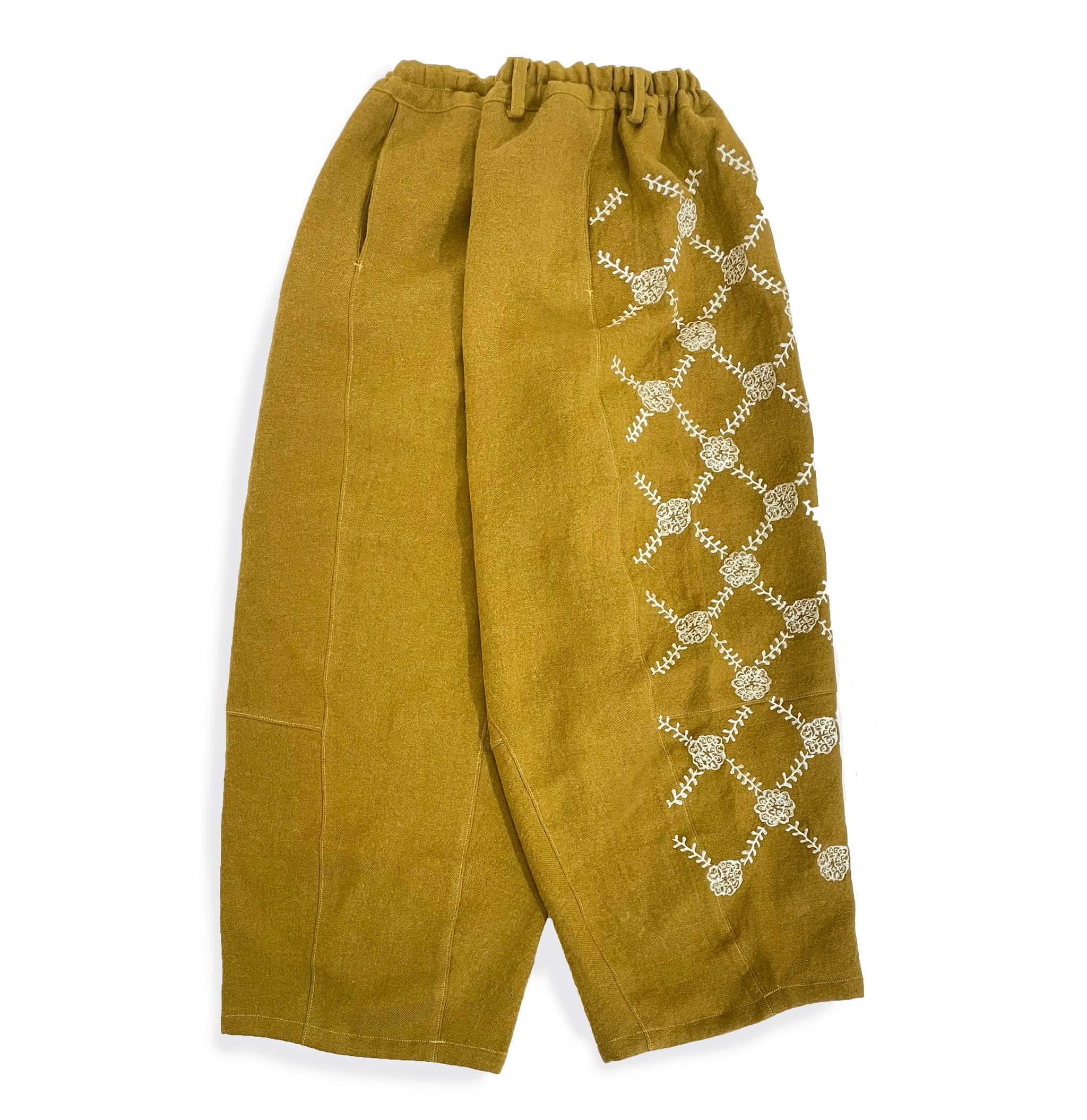 綾織 リネンウール生地　ワイドパンツ　刺繡/ トウダグサ　マスタード　ご希望のパンツ丈で受注制作　ボタニ