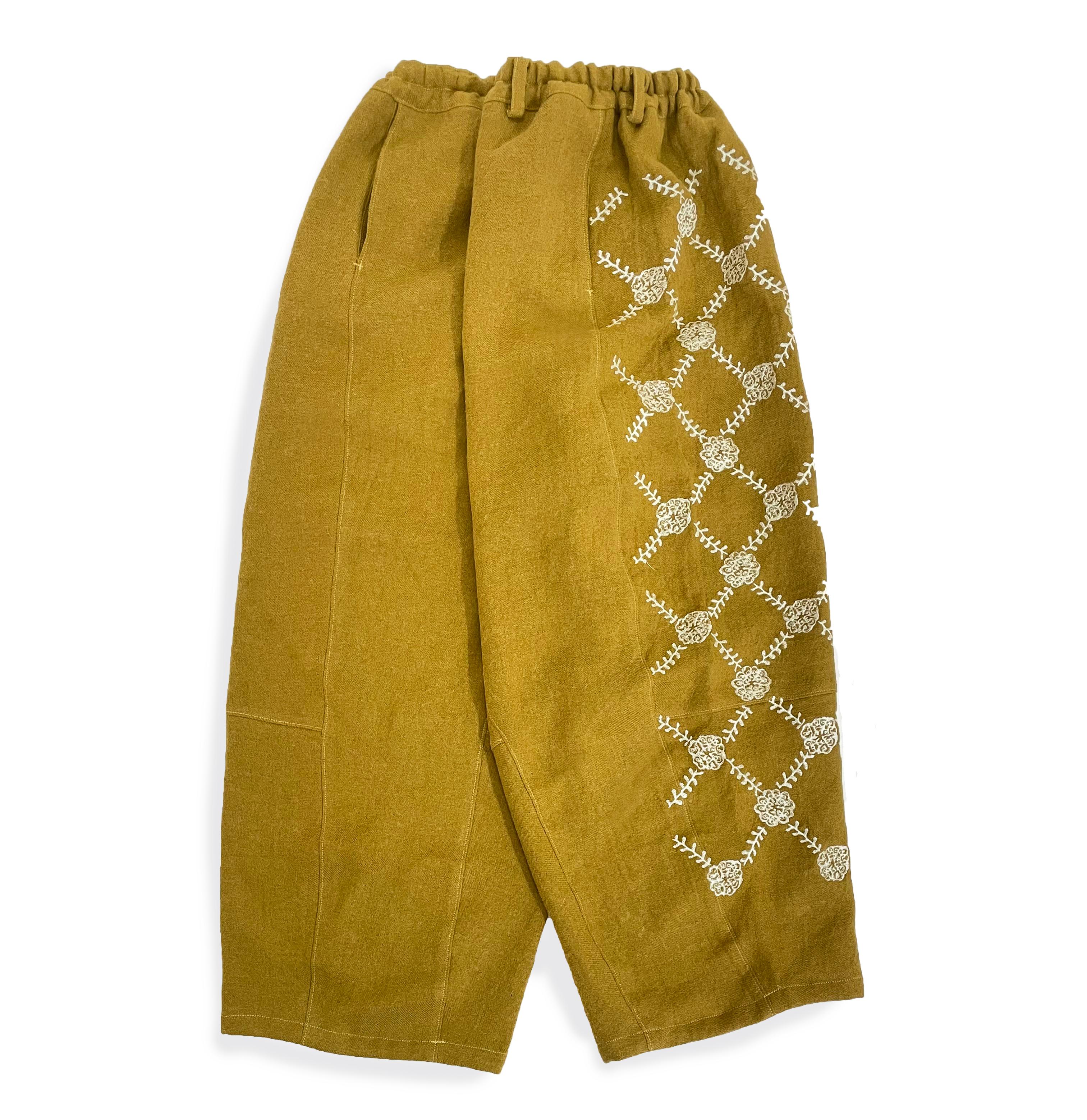 綾織 リネンウール生地　ワイドパンツ　刺繡/ トウダグサ　マスタード　ご希望のパンツ丈で受注制作　ボタニ